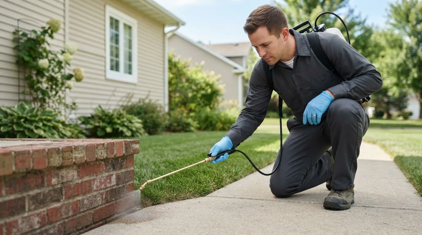 Pest control technician treating a home near Bakersfield, VT