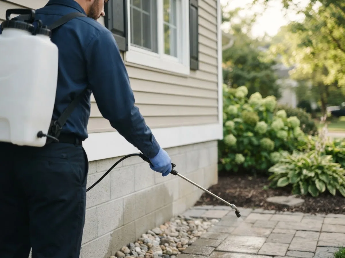 Pest control technician inspecting a home in Bakersfield, VT